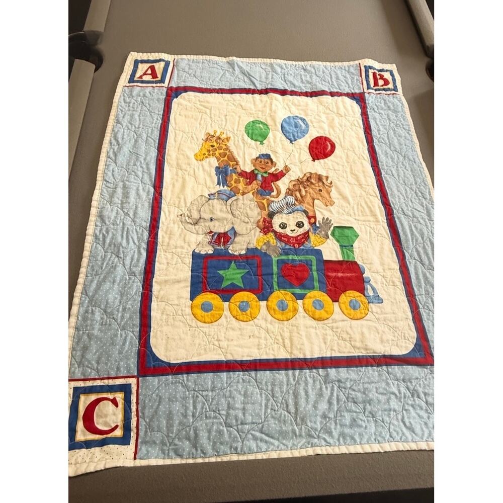 Handmade Baby Quilt Circus Train Animals ABC Nursery Blanket Vintage 90s Stain